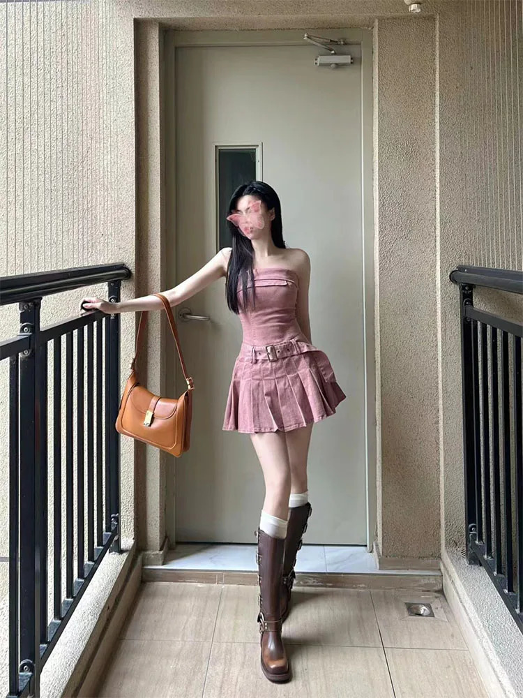 High Street Pink Kawaii Denim Dress Women Elegant Strapless Evening Party Frocks With Belt Sweet Prom Gown Korean France Vintage 240701