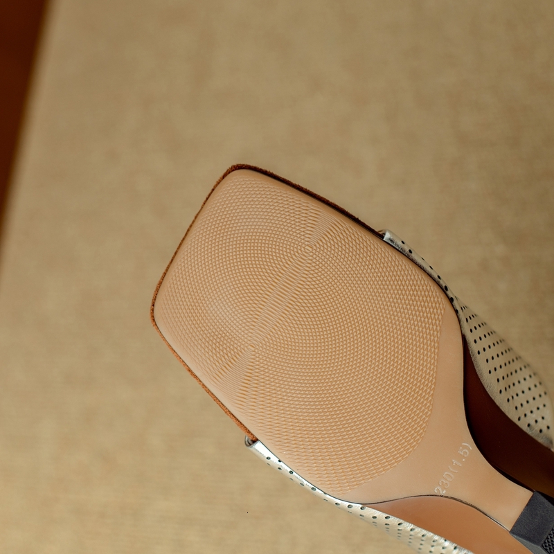 Women's New Spring/Summer Square Headed Leather Cowhide Hollow Hole Breathable Slope Open Toe Middle Heel Slippers