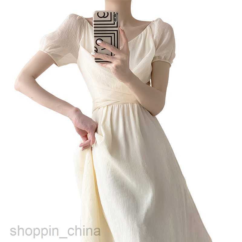 Basic Casual Dresses Women High end V-neck chiffon short sleeved long skirt new apricot summer temperament waist closing dress with pear shaped figure
