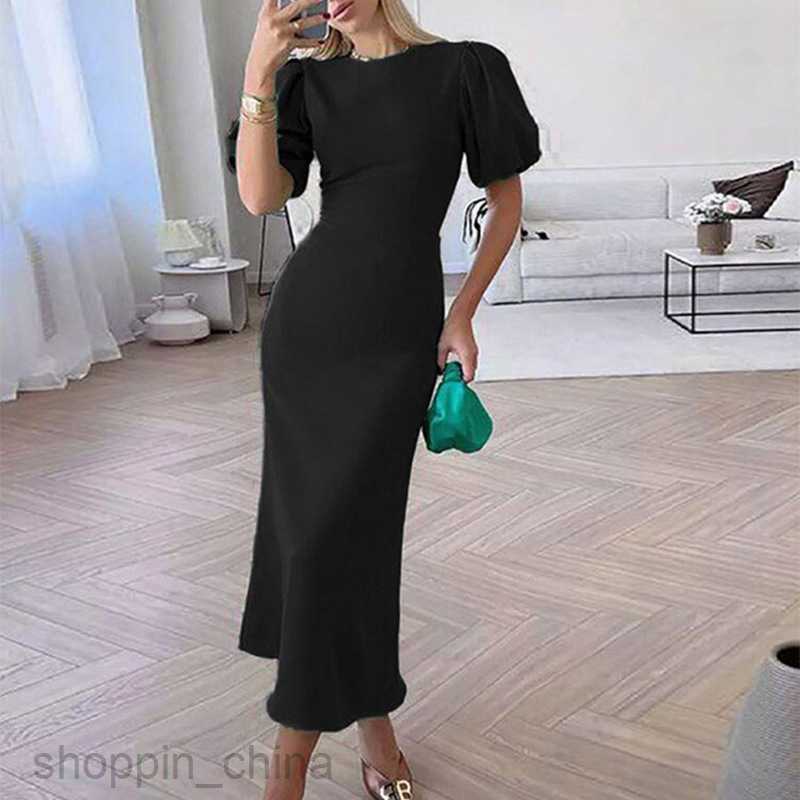 Basic Casual Dresses for Woman New Trendy Women's Fashion Bubble Sleeves Temperament Wrapped Hip Solid Color Long Dress
