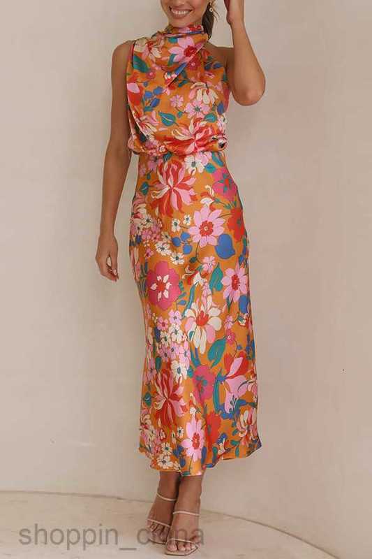 Basic Casual Dresses Women mature temperament women's sleeveless strapless printed satin dress