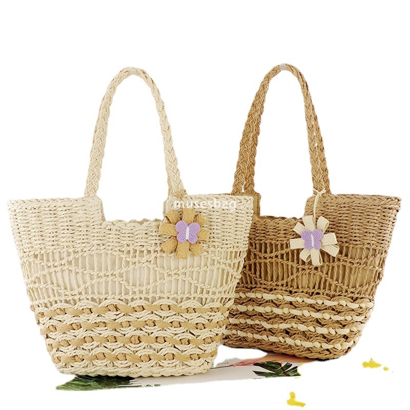 Fashionable Women's High end New Butterfly Flower Pendant Paper Rope Woven Bag Practical Large Capacity One Shoulder Grass Woven Bag Leisure Bag 