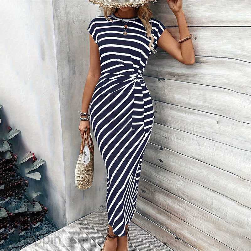 Basic Casual Dresses for Woman Elegant temperament, waist strap, striped round neck, short sleeved long dress, summer women's women's dress
