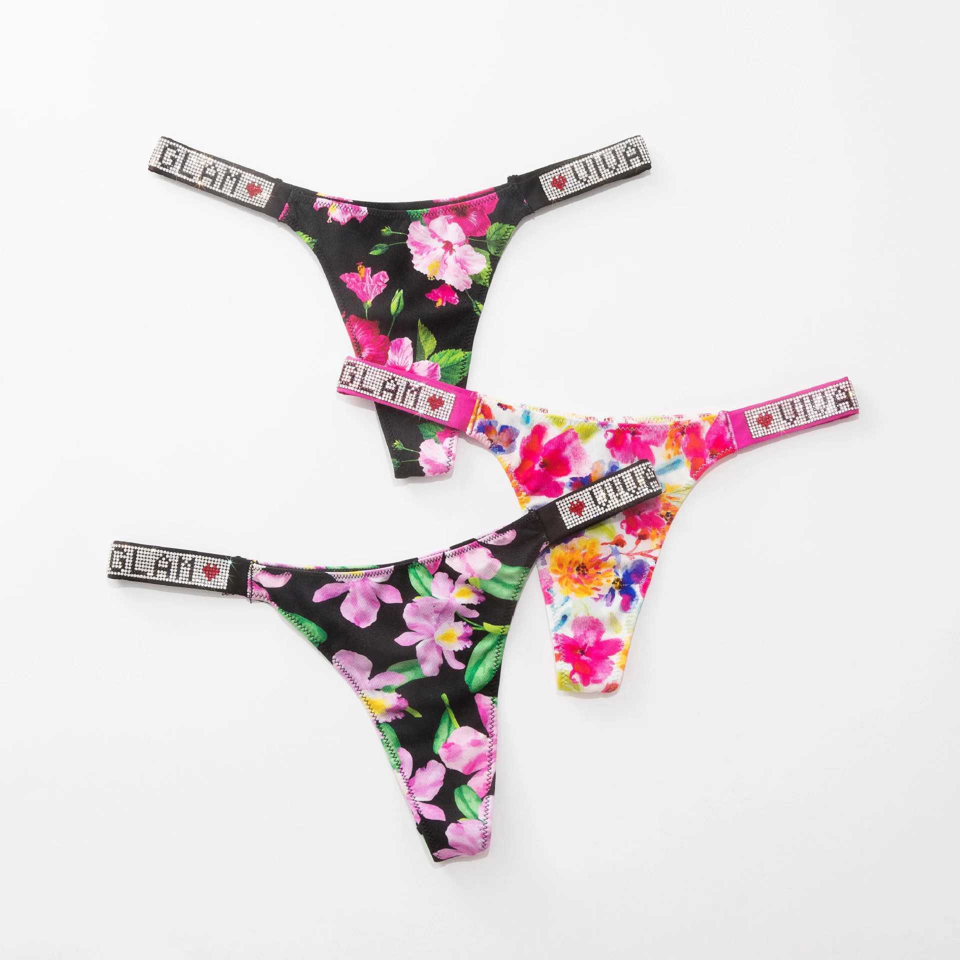 Briefs Panties Vs new diamond letter flower printed thong satin sexy womens underwear sports breathable seamless underwear soft underwear J240629