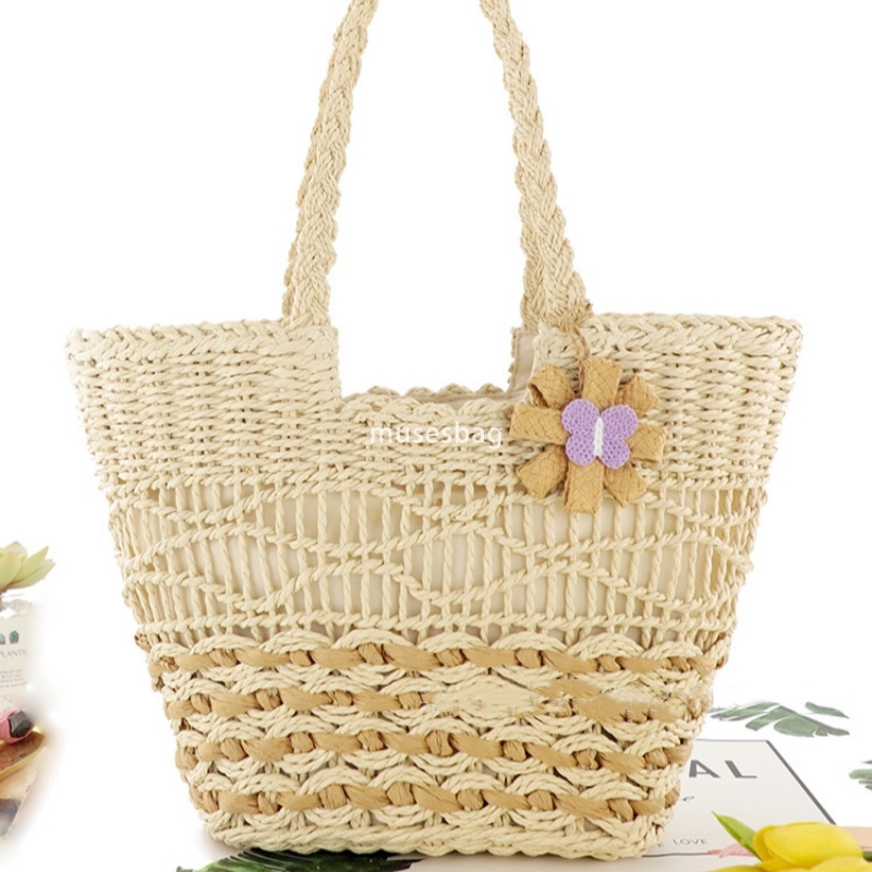 Fashionable Women's High end New Butterfly Flower Pendant Paper Rope Woven Bag Practical Large Capacity One Shoulder Grass Woven Bag Leisure Bag 