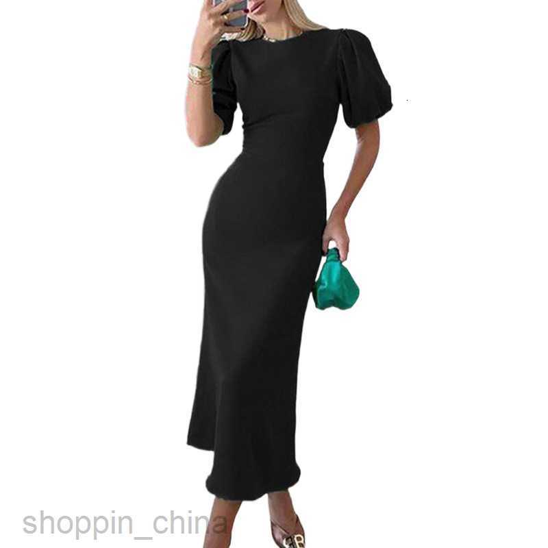 Basic Casual Dresses for Woman New Trendy Women's Fashion Bubble Sleeves Temperament Wrapped Hip Solid Color Long Dress