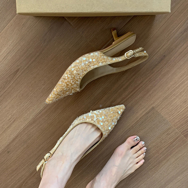 French niche premium toe sandals 2024 new summer pointed-toe single shoes sequin heels Golden