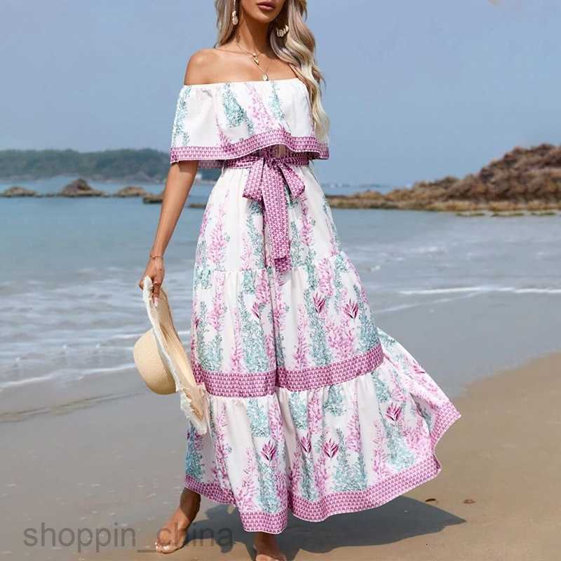 Casual Dresses for Woman Spring and summer new shoulder printed long swing dress