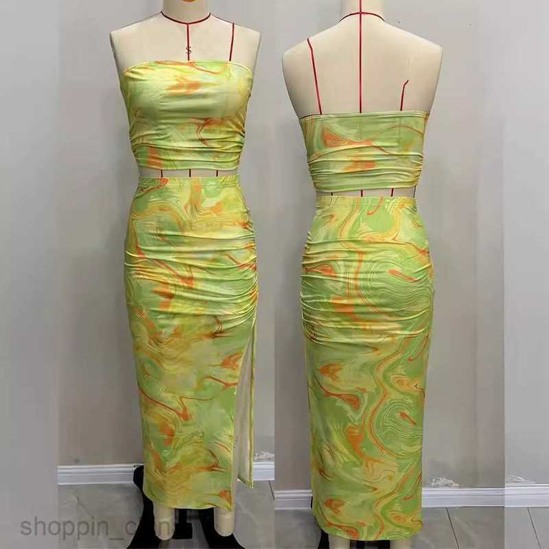 Basic Casual Dresses for Woman Tie dyed strapless slim fit slit wrapped buttocks slim fit half skirt set, summer two-piece set, women's clothing