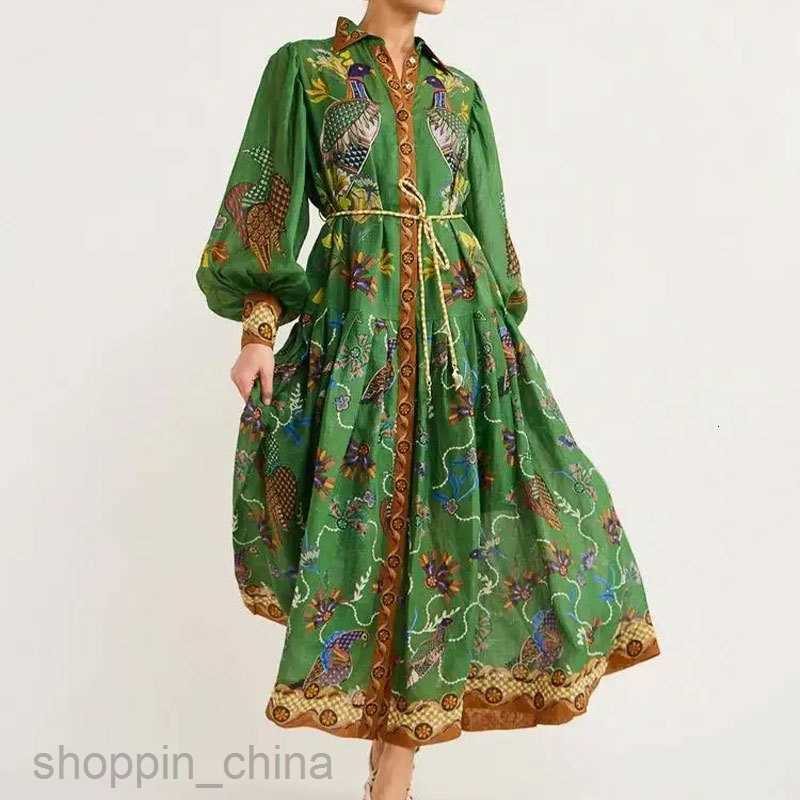Basic Casual Dresses for Woman Women's New Printed Lantern Sleeves Wrapped Waist Large hem Dress for Women