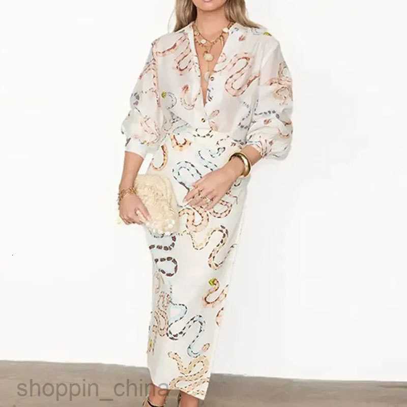 Basic Casual Dresses for Woman Summer New Women's Elegant and Elegant Snake Pattern Printed Shirt Long sleeved Split Skirt Loose Set