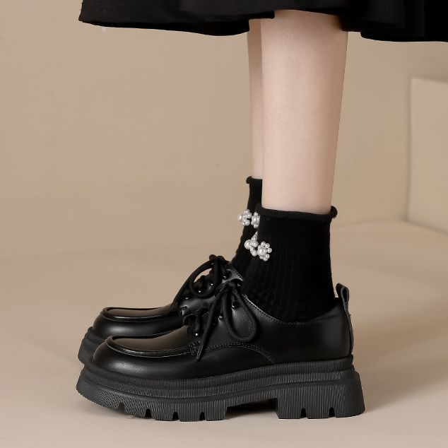 Black Classic Small Leather Shoes Women's Fall 2023 Mid-Heel Platform Leather Comfort Loafers Lace-up British Singles