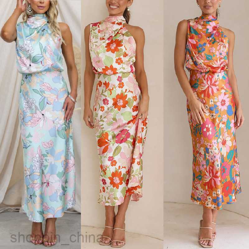 Basic Casual Dresses Women mature temperament women's sleeveless strapless printed satin dress