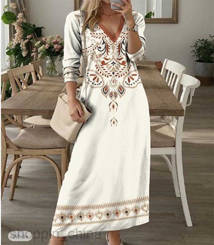 Basic Casual Dresses Women Shutong Women's Spring New Long sleeved V-neck Positioned Printed Dress