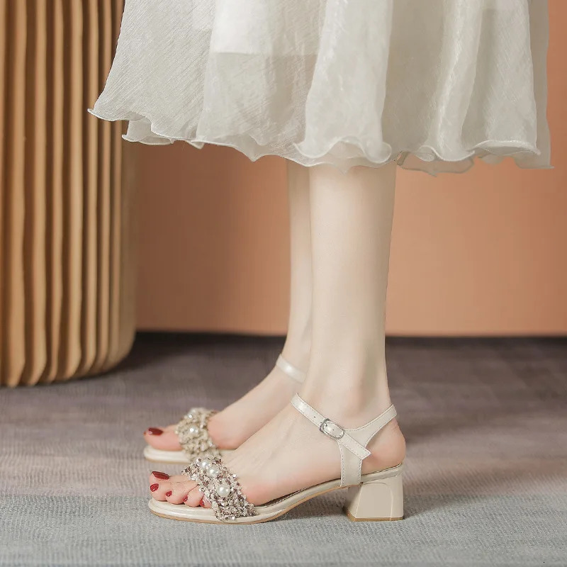 pearl beads narrow band gladiator sandals women thick high heels dress shoes woman ankle strap glitter cloth sandalias mujer 240701