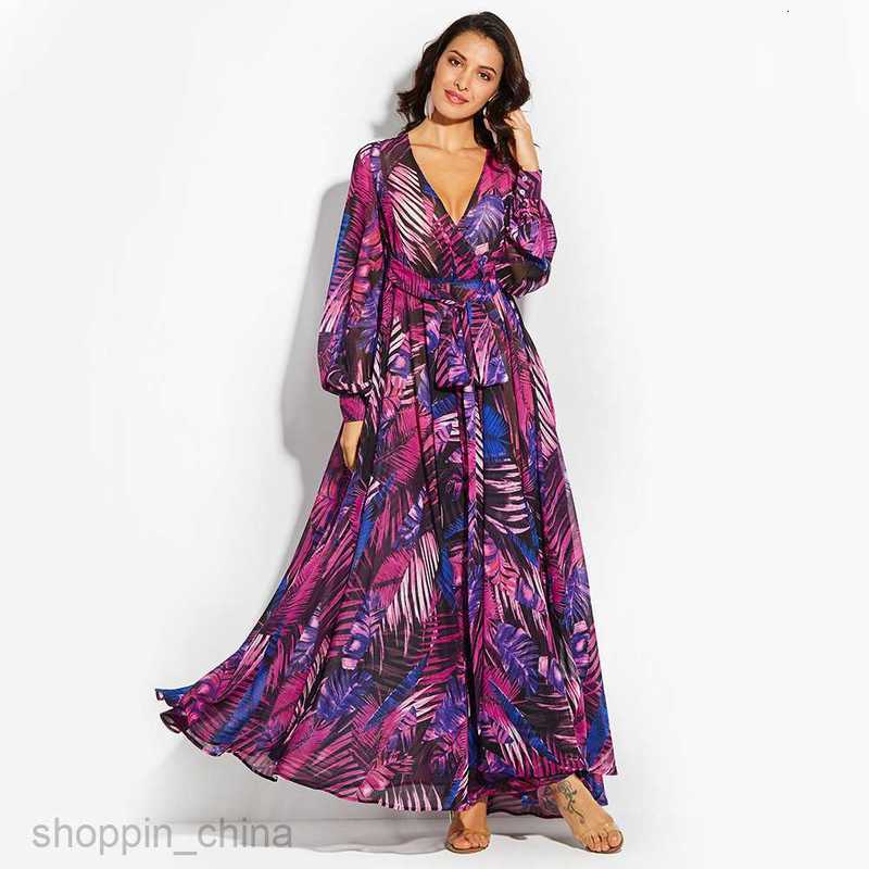 Casual Dresses for Woman Spring/Summer New Women's Wear Beauty Dress Lantern Sleeves Printed Sexy V-neck Leaf Flare Skirt