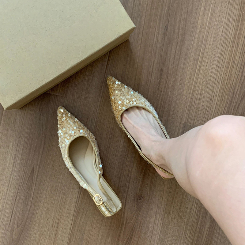 French niche premium toe sandals 2024 new summer pointed-toe single shoes sequin heels Golden