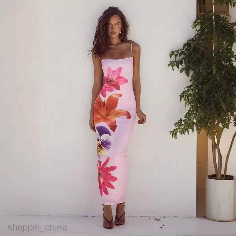 Basic Casual Dresses Women Summer new print camisole slit slim fit dress