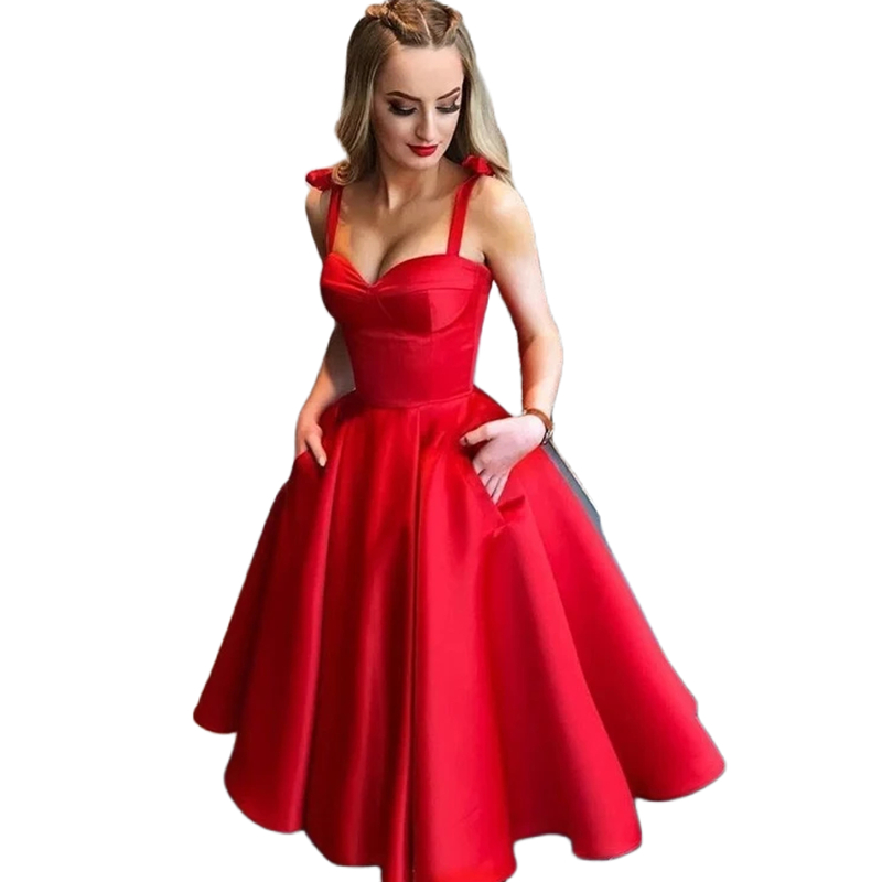 2024 Spagheti Straps Prom Dresses With Pocket Tea Length Elegant Red Evening Formal Dress For Women Simple Satin Birthday Special Occasion Party Gowns