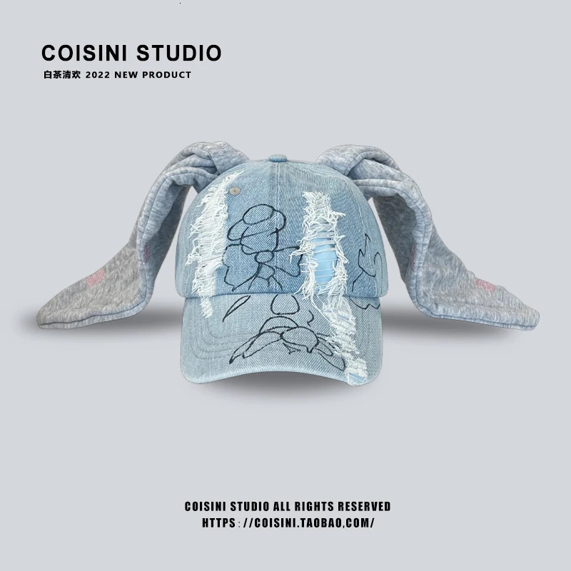 Niche Y2k Rabbit Ears Denim Ripped Baseball Cap Men and Women Dark Personality Metal Ring Street Trend Adjustable Sports Hat 240626