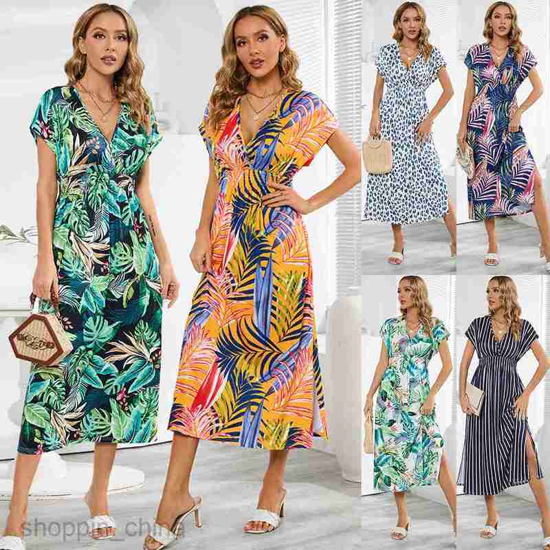 Basic Casual Dresses Women Fashionable bat sleeve V-neck strapless dress summer women's printed long skirt