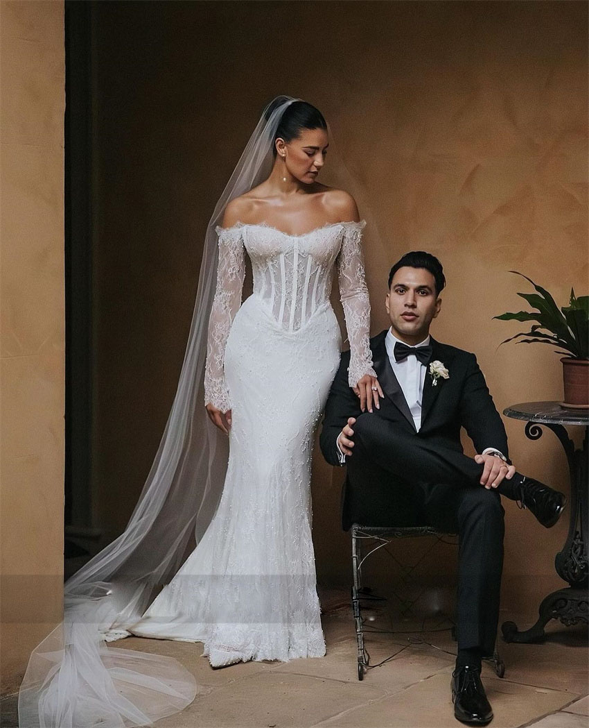 Lace Mermaid Vintage Dress Bridal Gown Off The Shoulder Long Sleeve Robe De Mariage Illusion Trumpet Garden Wedding Dresses es