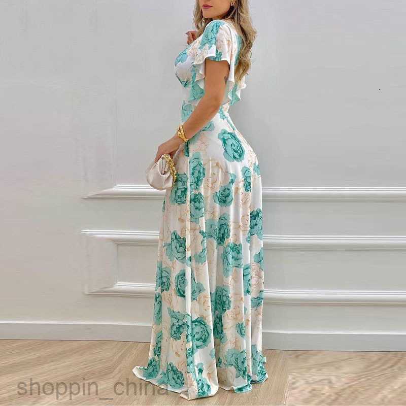 Basic Casual Dresses Women new women's summer floral commuting V-neck waist cinching printed large hem dress