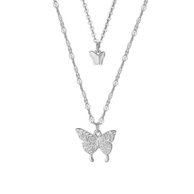 Pendant Necklaces 925 Sterling Silver Double Layer Butterfly Necklace for Women INS Small Fresh Shiny Zircon Clavicle Chain Jewelry Accessories