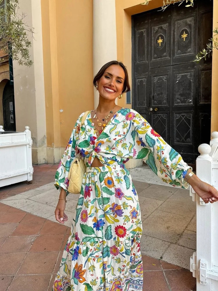 Flower Print Summer Womens Dress Elegant Long Sleeves Vneck Hollow Out Vacation 2024 Female Clothes Sundress 240627