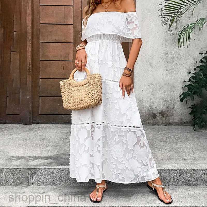 Basic Casual Dresses for Woman Woven Burnt Flower Lace Perspective One Shoulder Dress Spring/Summer Women's Design Sense Long Skirt Solid Color S
