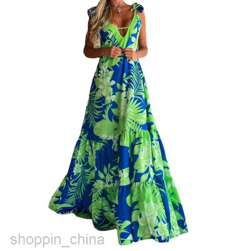 Basic Casual Dresses Women Summer New Fashion Print V-neck Sling Beach Long Sling Dress