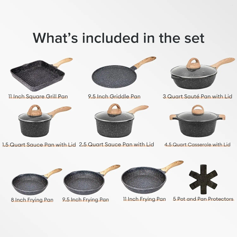 Cookware Sets Pots And Pans Set Nonstick 23pcs Healthy Kitchen Induction Cooking W/Gray Granite Stone Frying