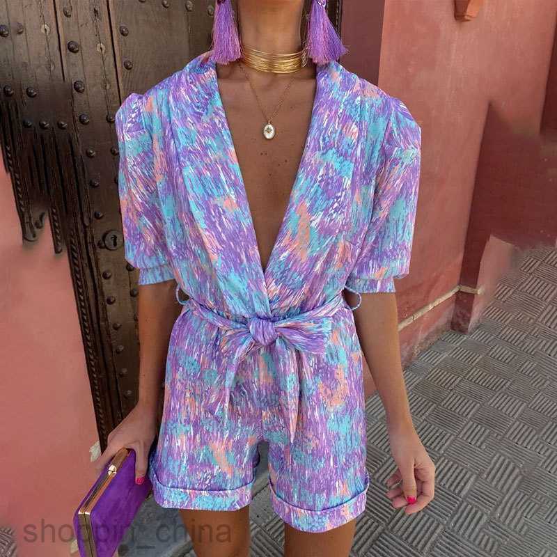 Women's Two Piece Sets Pants Summer Women's Fashion Tie Dyed Print Lace up Elegant V-neck Bubble Half Sleeve Loose jumpsuit