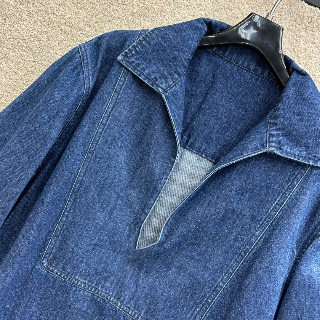 Summer Short sleeved Denim Dress Pleated V-neck Flip Collar Fashionable Slimming Years Versatile Womens Dress 240701