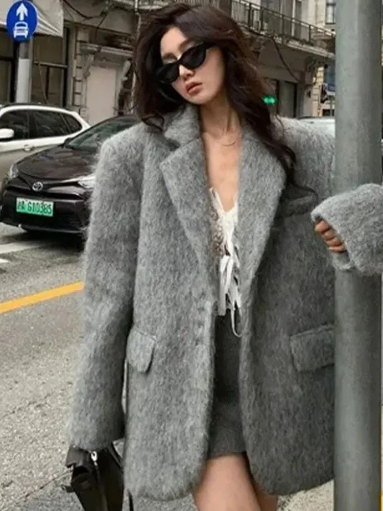 Fashion Lapel Woolen Plush Long Sleeve Coats Stylish Fur Blazer Solid Jacket For Women New Casual Office Ladies Pockets Outwear F7.1#96