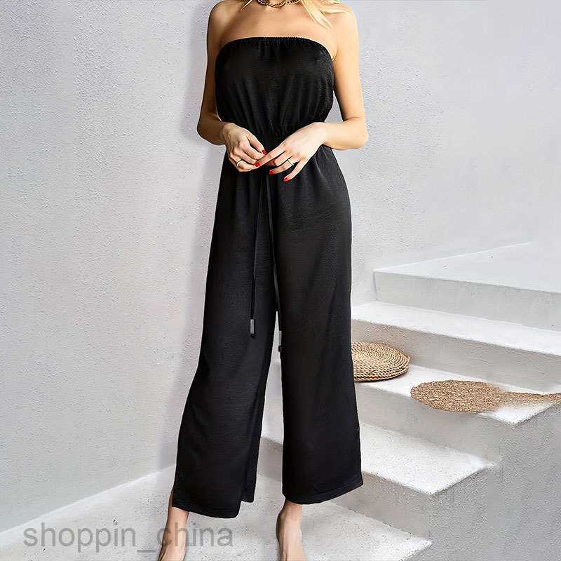 Basic Casual Dresses for Woman Solid color loose top, elastic waist, split waistband, wide leg jumpsuit, commuting casual pants for women, pants for w