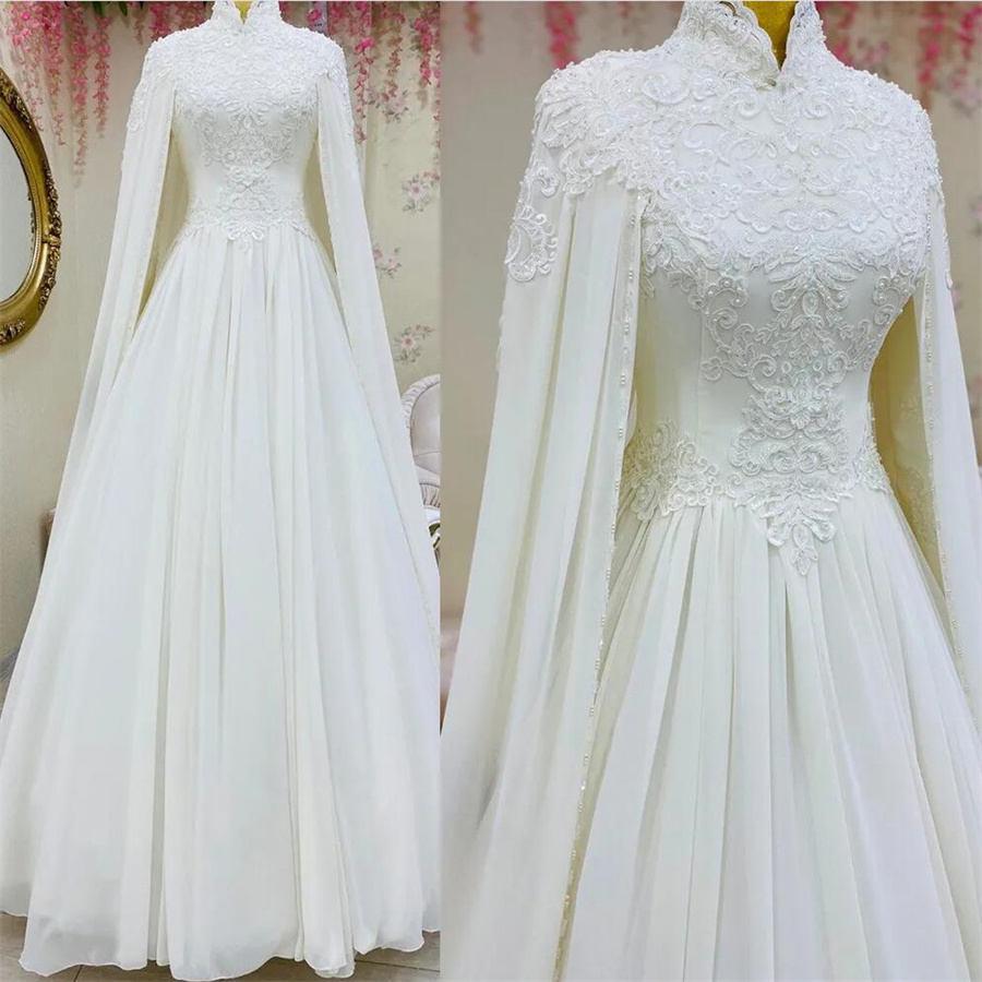 Unique Muslim Wedding Dresses 2024 Moroccan Islamic Dubai Arabic Bridal Gowns Whimsical Muslimah Bride Dress Elegant High Neck Cape Sleeves Country Ve