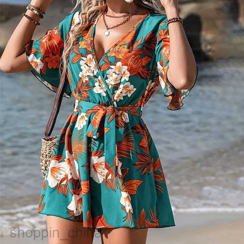 Basic Casual Dresses for Woman Beach Vacation Wind Lotus Leaf Sleeves Cross Collar Waistband Short Skirt Pants Women's Loose Printed jumpsuit Wom