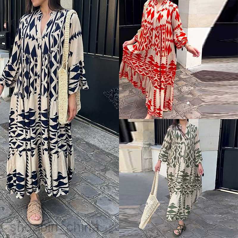 Basic Casual Dresses for Woman New Summer Women's Wear New V-neck Single breasted Personalized Printed Loose Dress