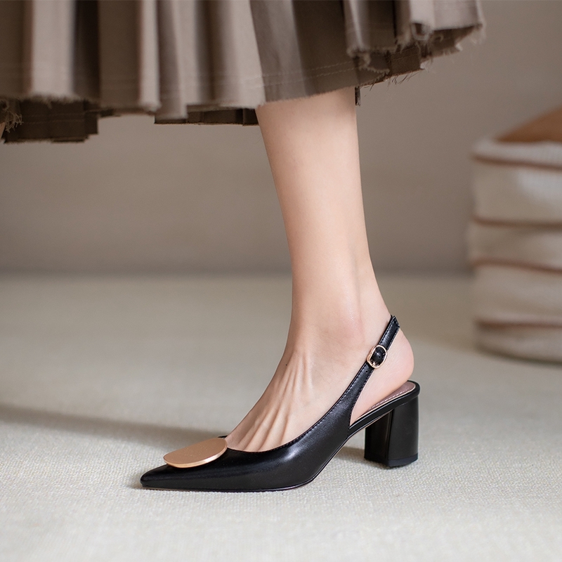 Women's New Spring/Summer Genuine Leather Cowhide Metal Buckles With Elastic Back Hollow High Heels And Large Cap Sandals