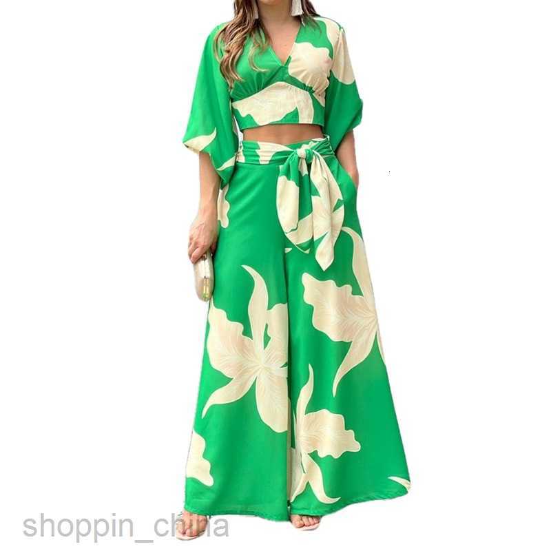 Women's Two Piece Sets Pants Women's V-neck Lantern Sleeves Short Top High Waist Wide Leg Pants Fashion Casual Set