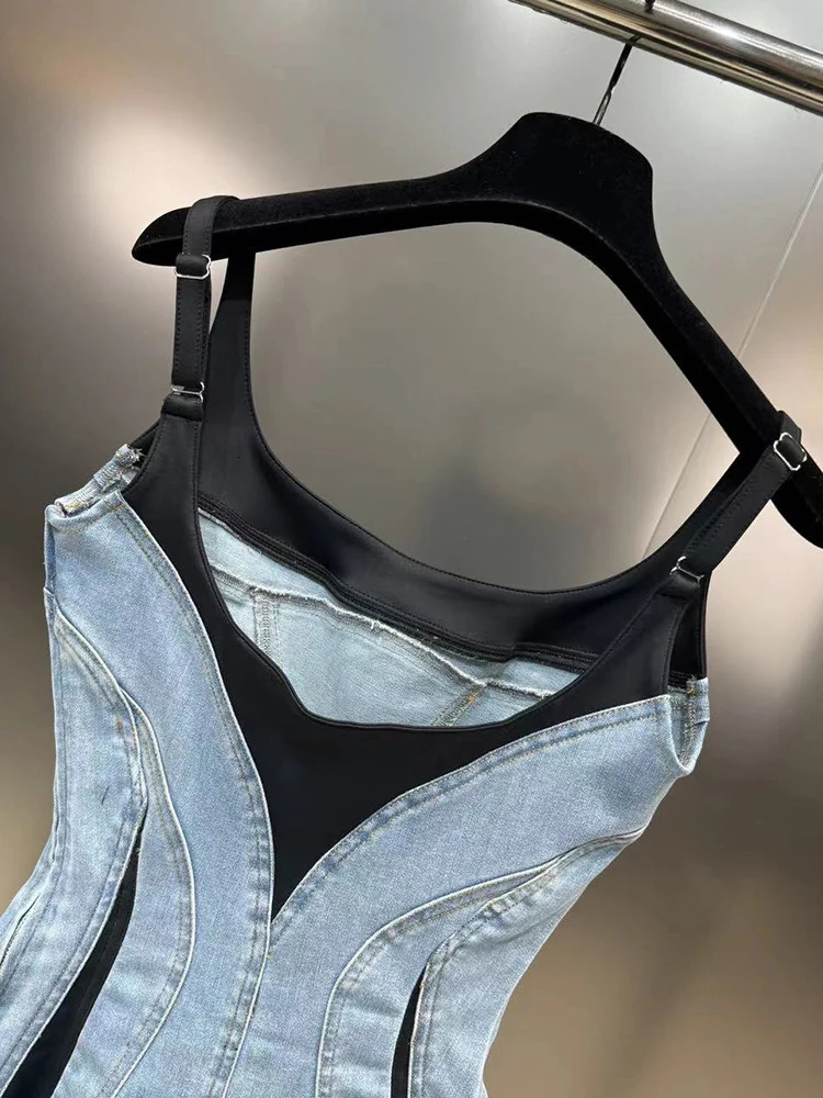 DEAT Fashion Womens Patchwork Elastic Denim Sling Dress Spring Trendy Sleeveless Wrap Hip Dresses Female 11XX8995 240701