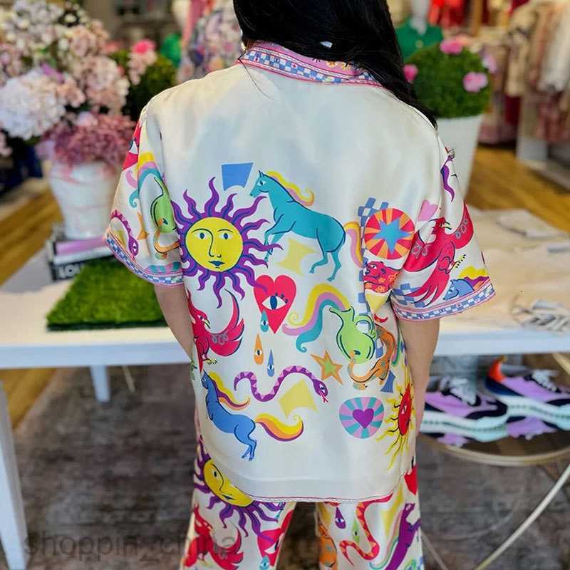 Women's Two Piece Sets Pants Summer New Women's Fashion Elegant and Fashionable Printed Flip Collar Shirt Casual Set