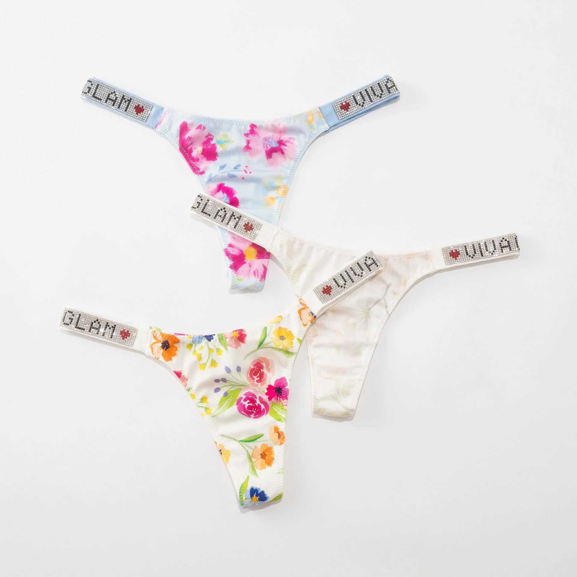 Briefs Panties Vs new diamond letter flower printed thong satin sexy womens underwear sports breathable seamless underwear soft underwear J240629