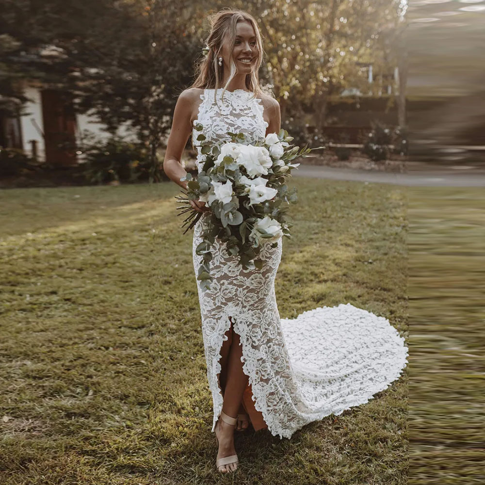 Boho Wedding Dresses Mermaid 2024 Slit Backless Lace Bohemian Bride Gowns Marriage Dresses Beach Vestidos De Novia