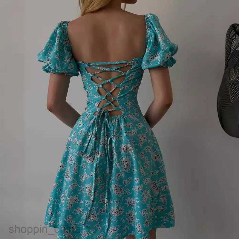 Casual Dresses for Woman Spring/Summer Women's Lace up Flower High Waist Bubble Sleeve Dress