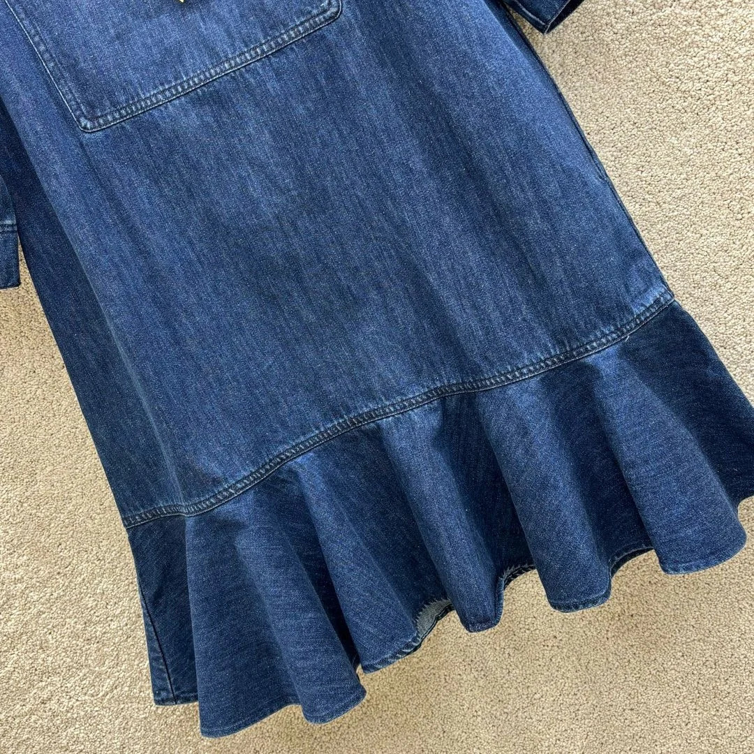 Summer Short sleeved Denim Dress Pleated V-neck Flip Collar Fashionable Slimming Years Versatile Womens Dress 240701