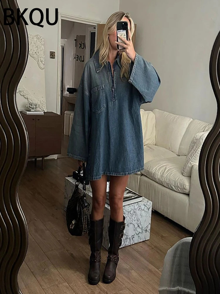 BKQU Denim Dress for Women Lapel Zipper Fashion Loose Mini Dress Long Sleeve Pocket A-Line Skirt Party Club Polo Style 240701