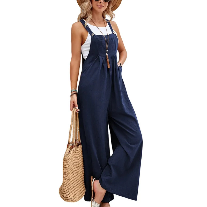 Cotton Linen Jumpsuits Woman Casual Loose Straps Wide Leg Pants Fashion Sleeveless Oversized Plus 240701