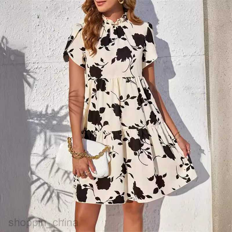 Basic Casual Dresses for Woman Women's short sleeved doll neckline, wooden ruffled leaf short dress, spring and autumn haute couture short skirt